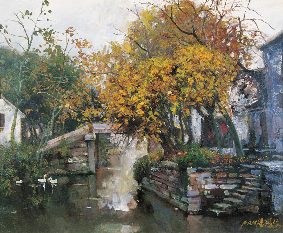 罗贯中油画江南水乡,江南水乡风景画秋色