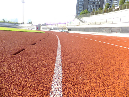 实拍深圳宝安体育馆足球场景观，有工人在维护有市民在跑步