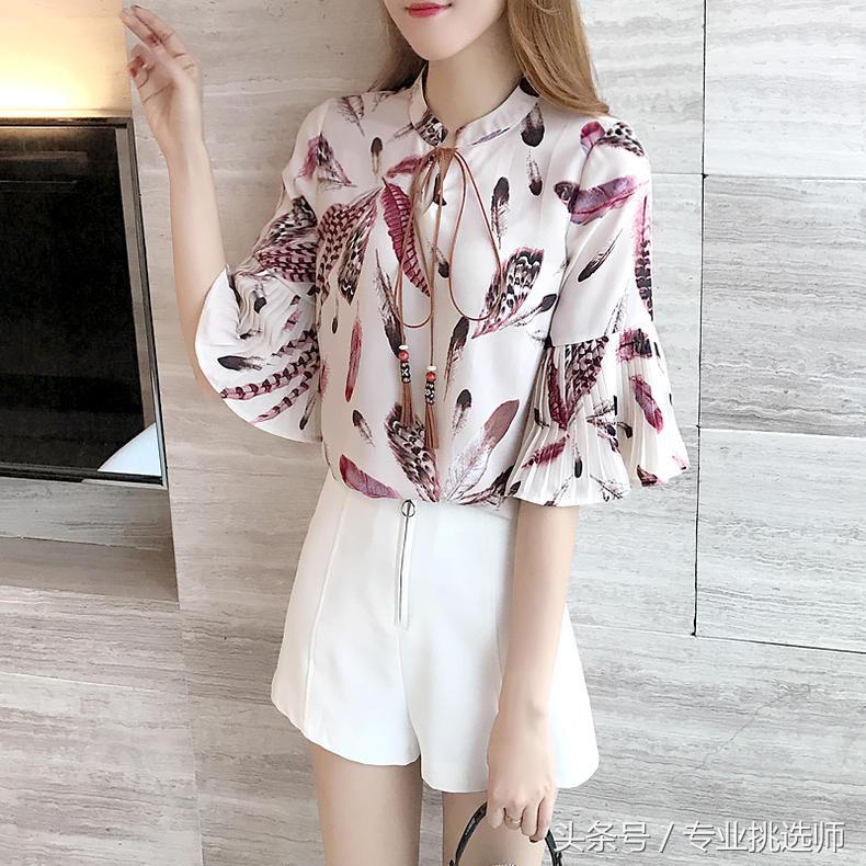 长袖雪纺衫上衣碎花时尚荷叶边,方领碎花雪纺衫荷叶边绑带短袖