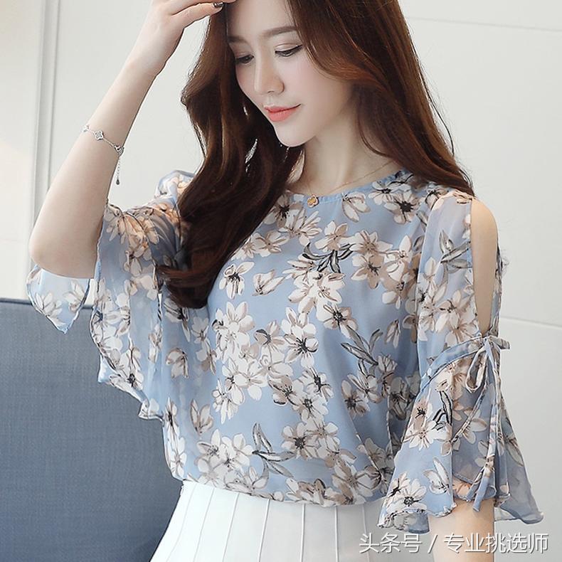 长袖雪纺衫上衣碎花时尚荷叶边,方领碎花雪纺衫荷叶边绑带短袖