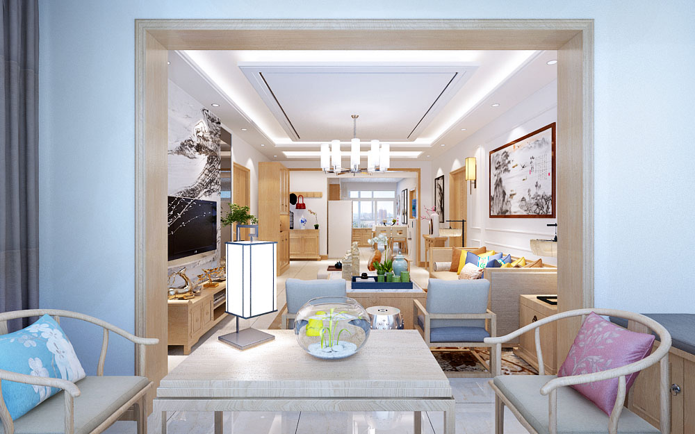 轻法式100平方小三室装修效果图,新中式风格三室一厅130平米