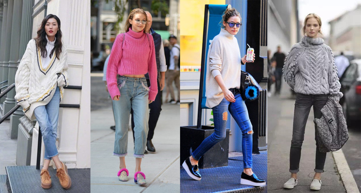 粗棒针毛衣宽松慵懒风搭配,拯救圆领粗针织毛衣穿搭