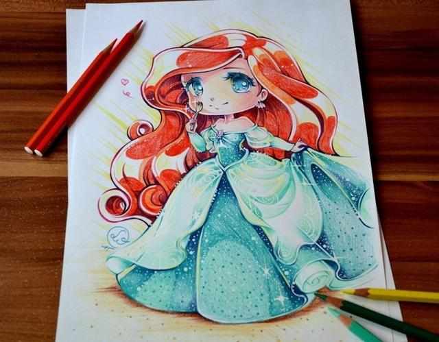 彩铅笔下的迪士尼公主,有着“萌萌哒”的日式风格!