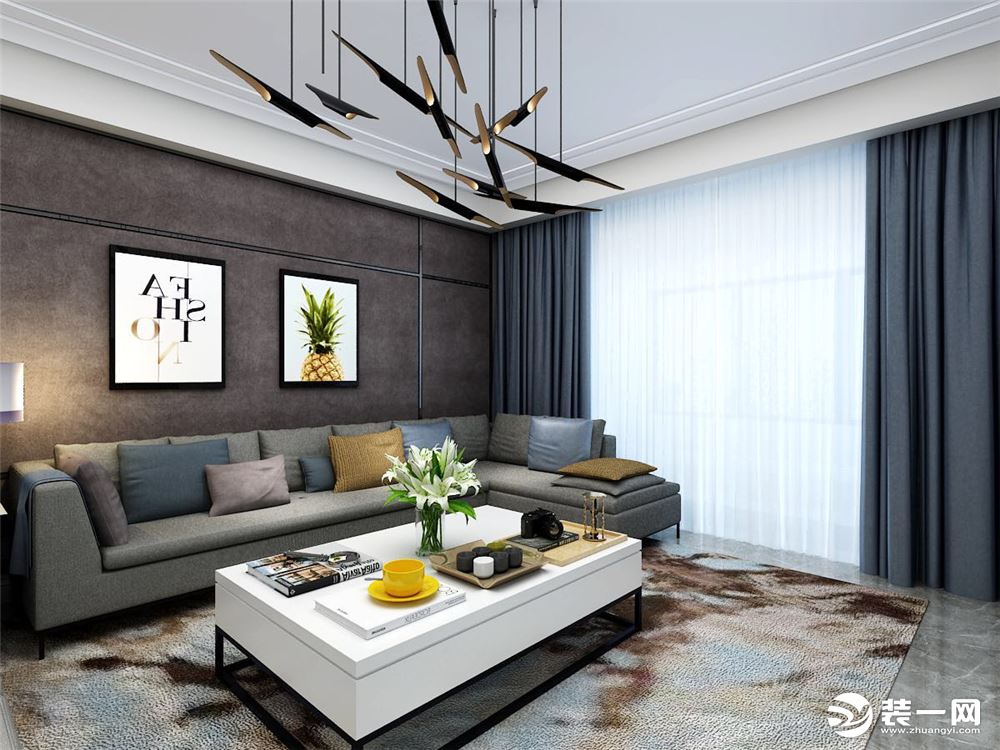 客厅背景墙设计帅气爆棚，青岛鲁润静园146㎡，现代硬包预算10万