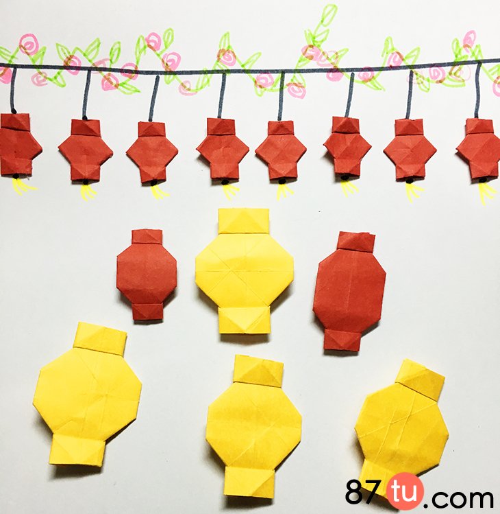 小灯笼折纸教程超简单,用红色折纸和黄色折纸做灯笼