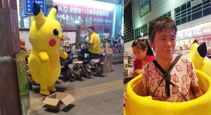 合影9元一张，救救我女儿女婿，71岁老人扮玩偶脱下头套后太心酸