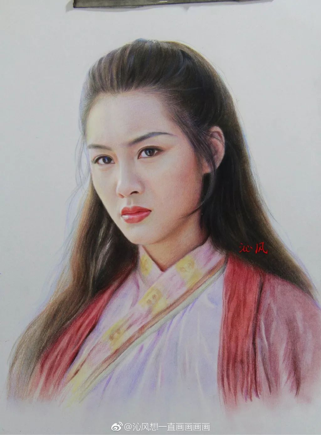 彩铅画美丽的山水画,彩铅画美人蝴蝶