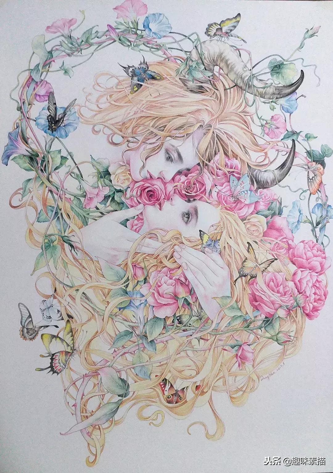 超精细彩铅人像素描,简单又漂亮的彩铅插画