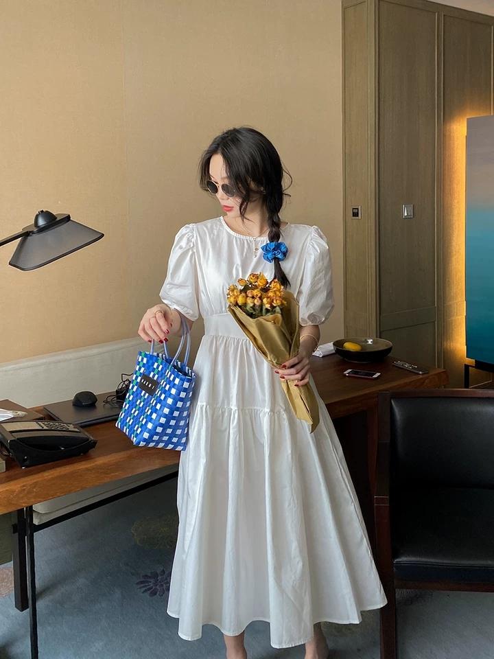 迪士尼联名甜美泡泡袖公主连衣裙,迪士尼泡泡袖连衣裙白色