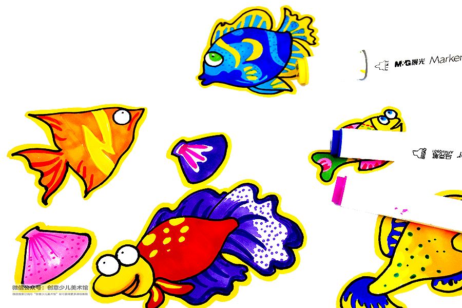 儿童画各种颜色的鱼,三角形鱼儿儿童画