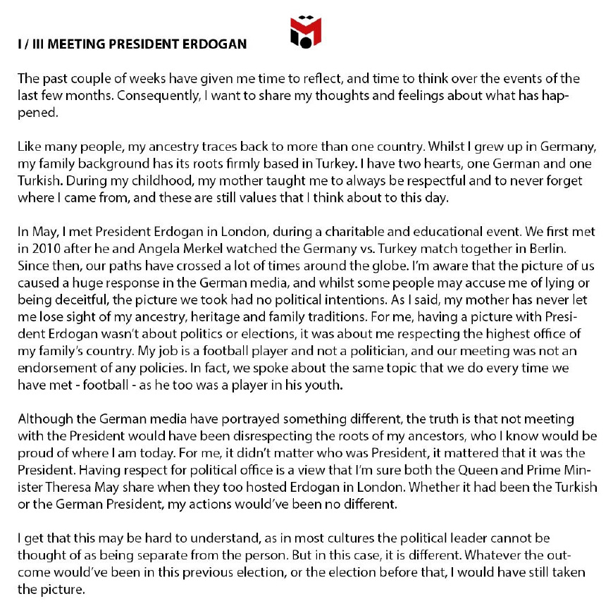 厄齐尔连发三份声明宣布退出德国国家队