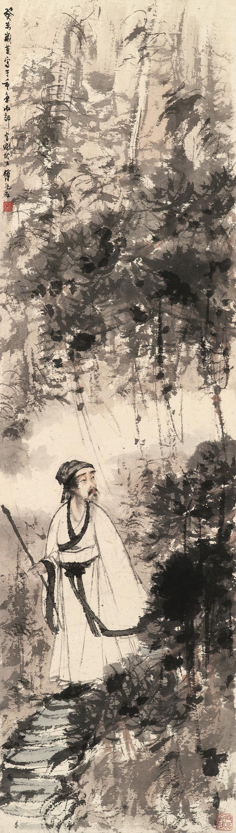 傅抱石创作国画天女散花图,傅抱石的国画作品《一望大江开》