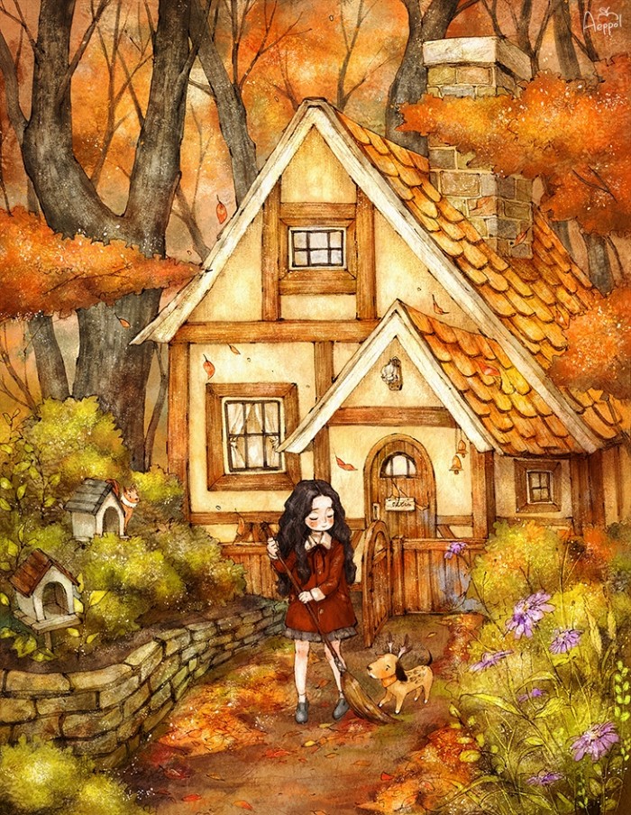 韩国插画师森林女孩日记图文,水彩插画森林女孩日记