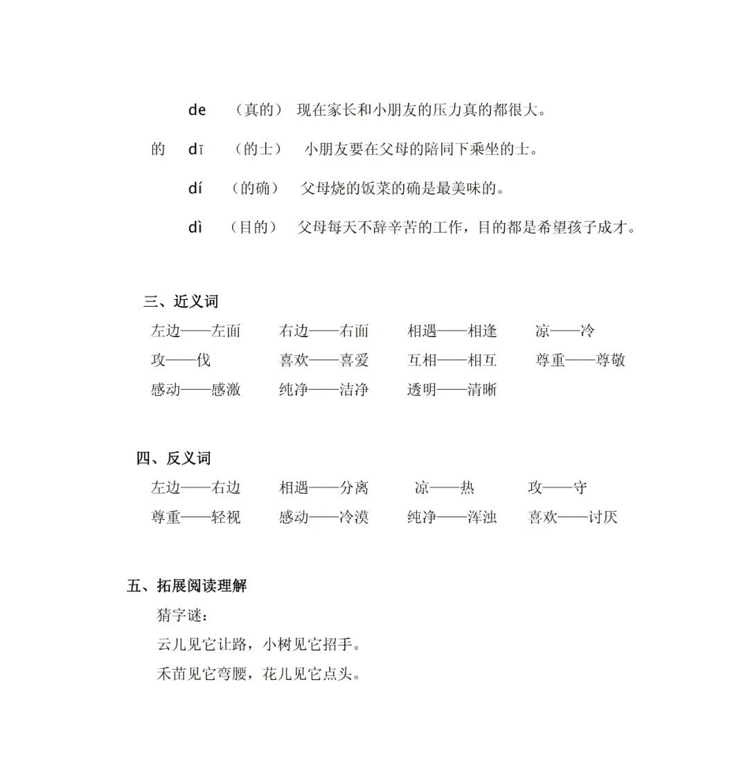 一语下全册生字（音序、部首、笔画、组词）+近反义词+词语解释