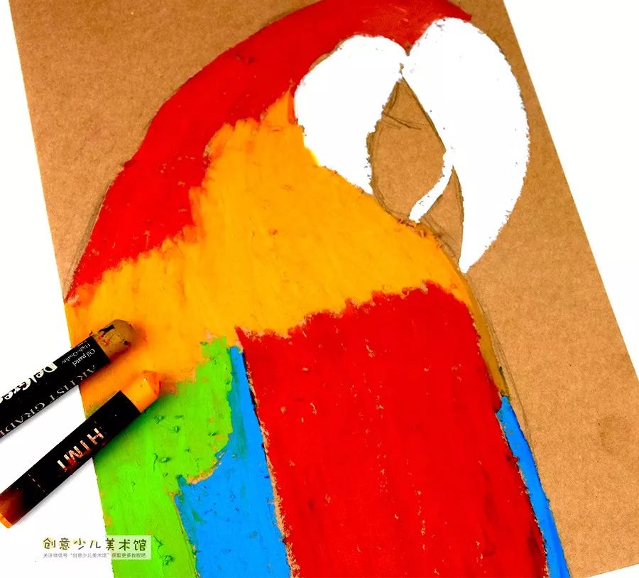 鹦鹉油画棒创意画幼儿,油画棒画动物牡丹鹦鹉教程