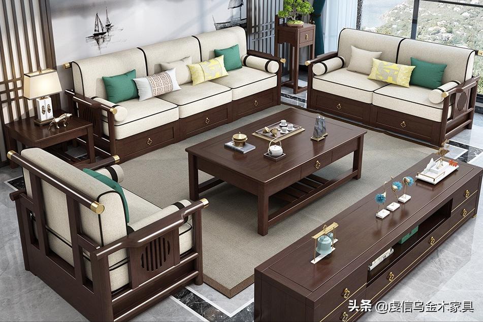 新中式全实木沙发现代简约轻奢,新中式实木沙发极简轻奢风格