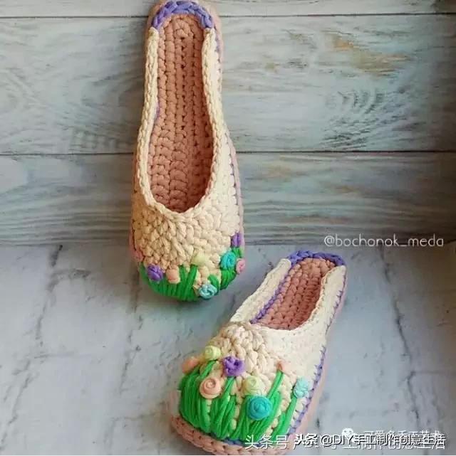 布条线桃花拖鞋编织教程,旧布条编拖鞋方法