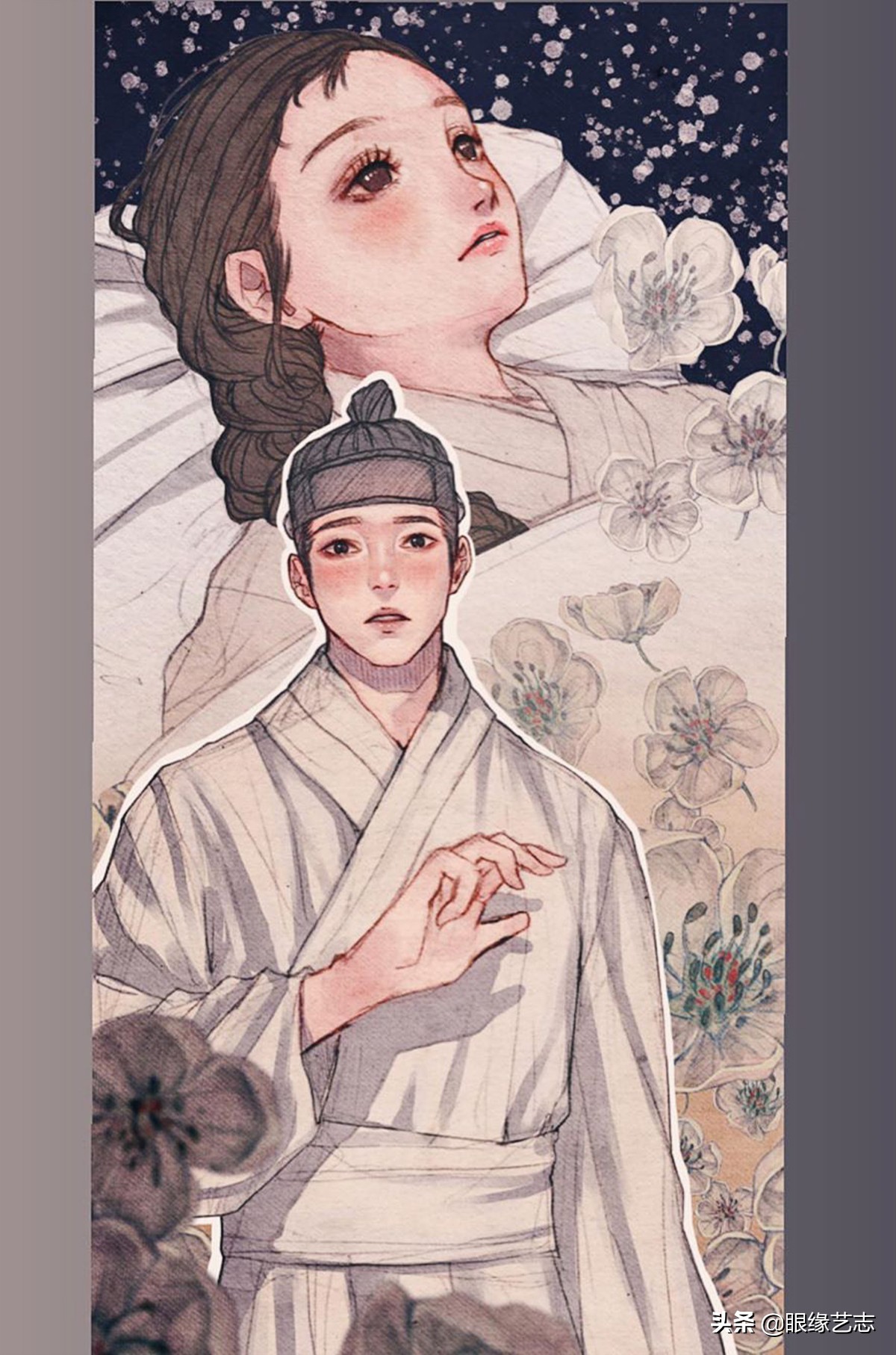 韩式穆夏风插画,韩国传统服饰插画