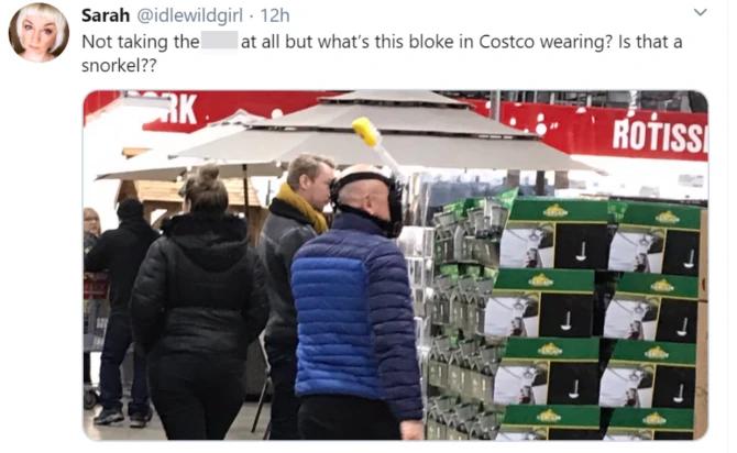 英国一男子头戴浮潜面罩和呼吸管到超市购物，网友看到之后乐了