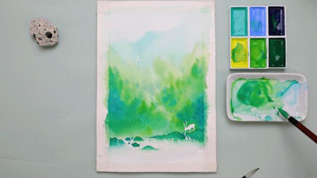 古风风景水彩procreate,水彩春意古风风景画