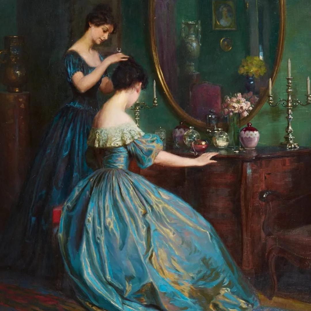 油画中的复古裙子,蓝色油画裙子