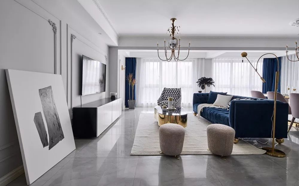 客厅大面积地砖深灰色铺贴效果图,客厅地砖简约铺贴图