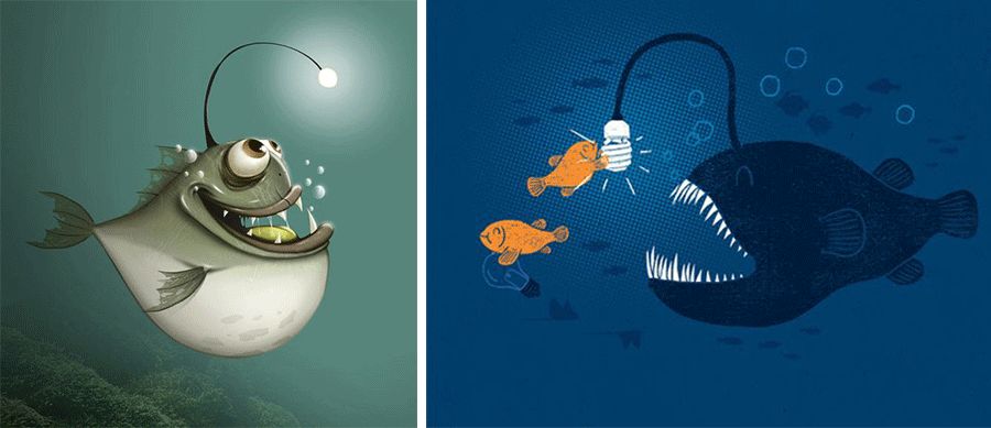 大嘴灯笼鱼儿童画,灯笼鱼折纸儿童画