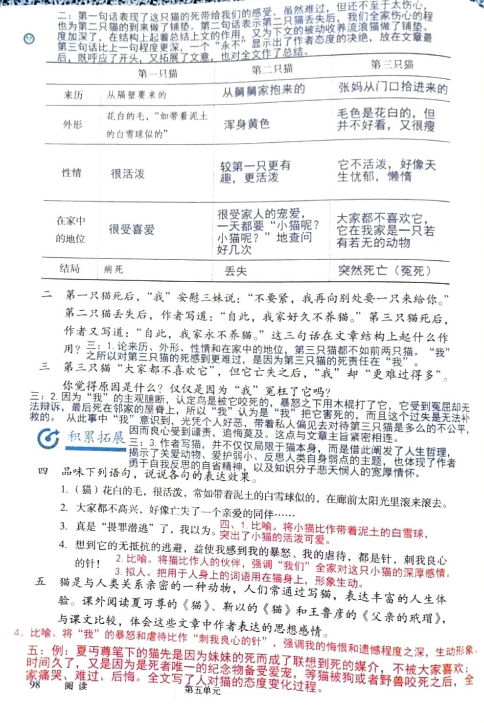 语文预习猫七年级上册,七年级上册猫课前预习