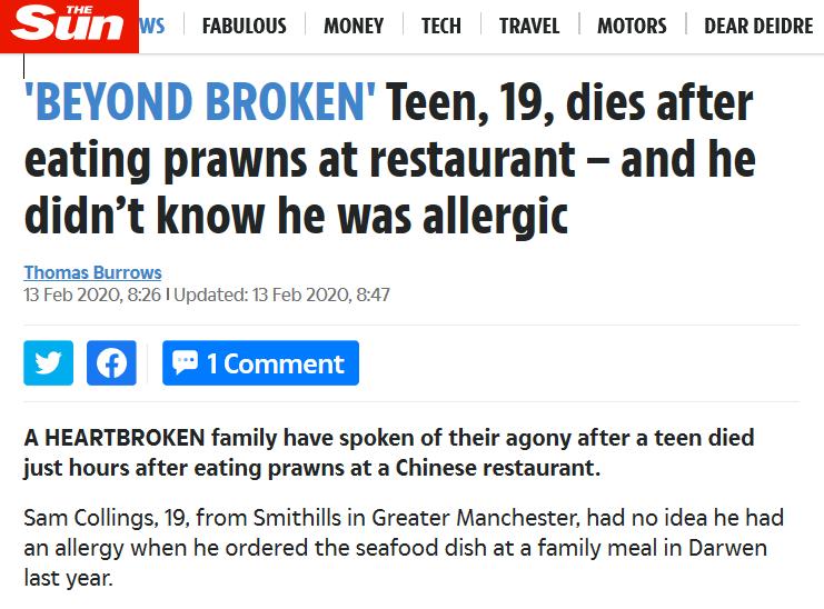 19岁英国男孩在餐馆吃大虾后死亡过敏不是小事会致命