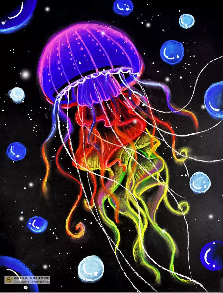 儿童画五彩水母,小红书画梦幻的水母