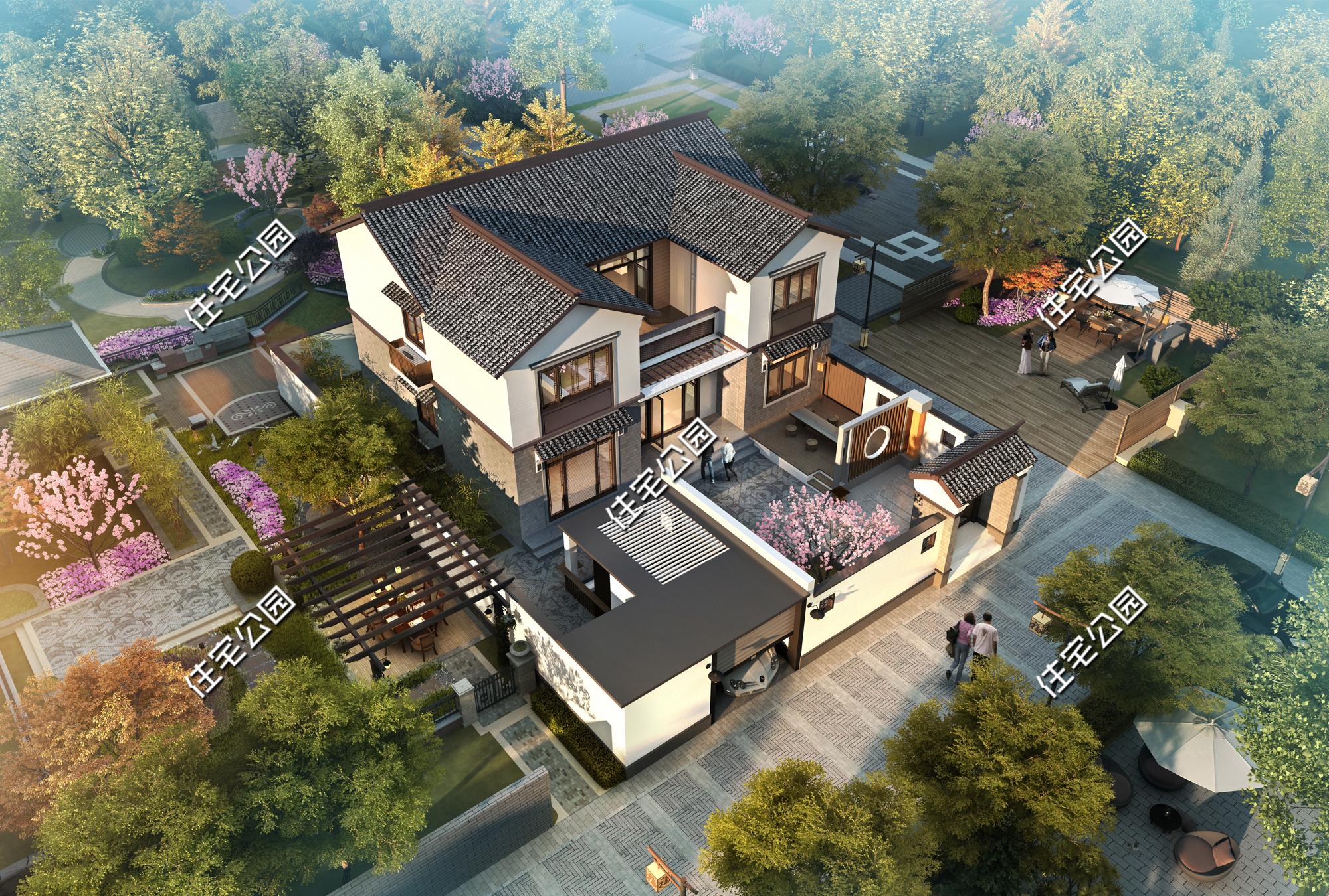 农村新中式小院别墅,新中式带泳池别墅小院