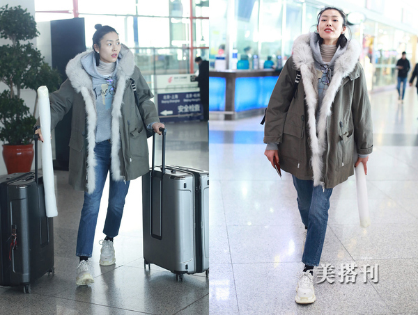 变身乖乖女！刘雯时装周归来，皮草大衣搭配牛仔裤，军工范十足