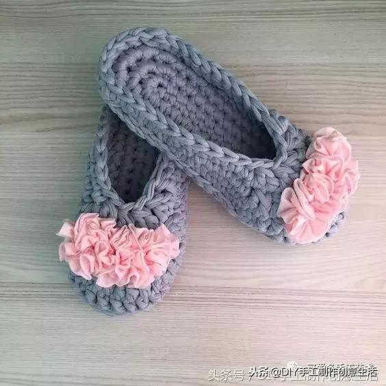 布条线桃花拖鞋编织教程,旧布条编拖鞋方法