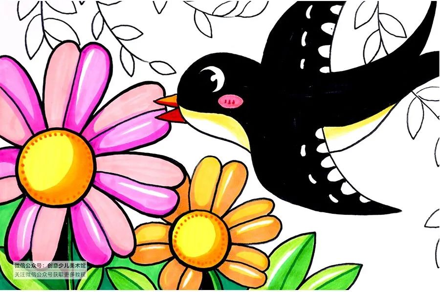 创意儿童画花丛中飞舞的蝴蝶,花丛中飞来一只燕子儿童画