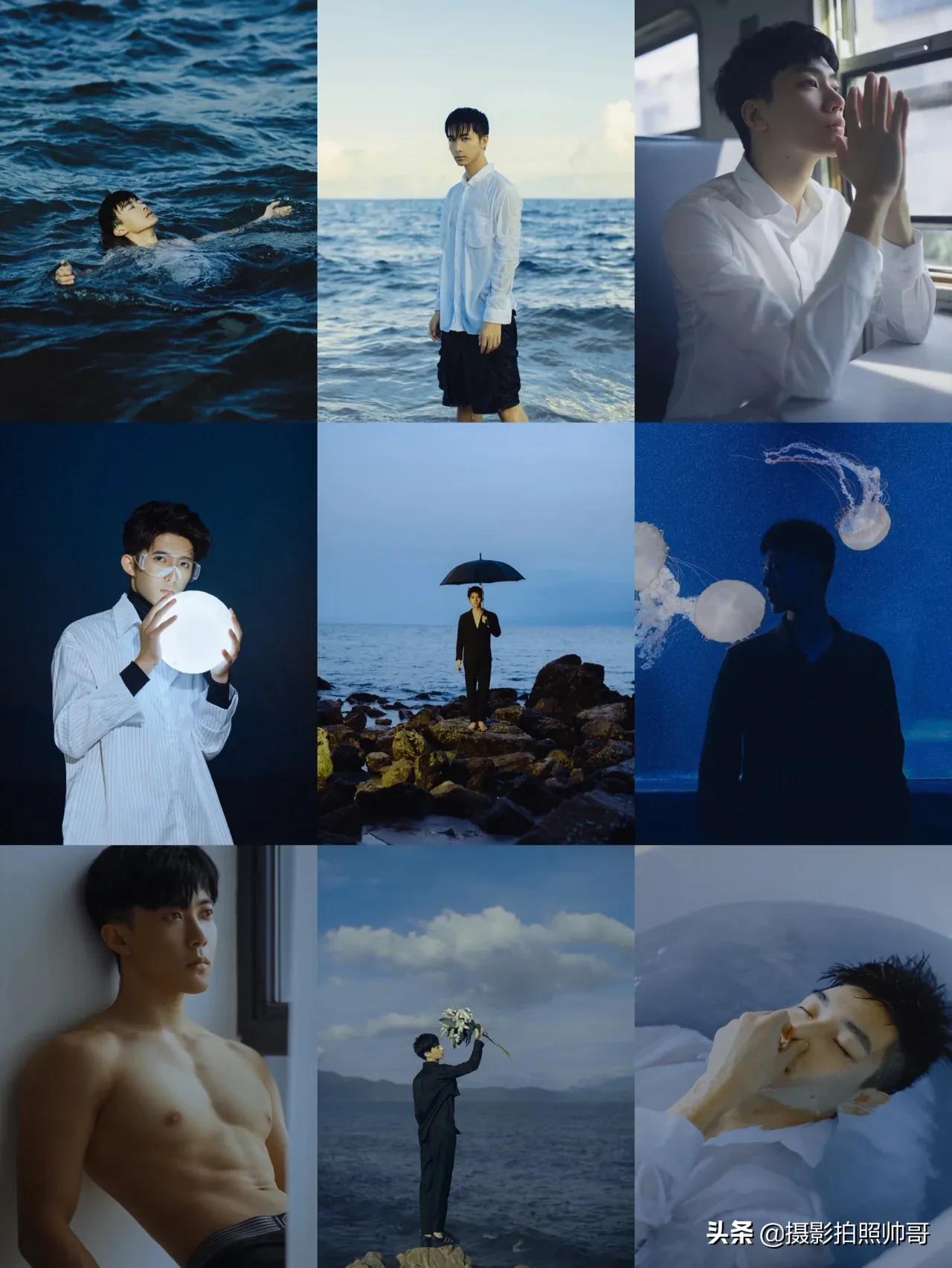日系写真男作品,蓝色系写真男可爱