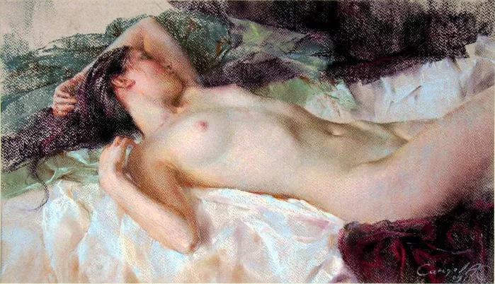 俄罗斯艺术家AydemirSaidov的人体绘画,花间的美丽少女