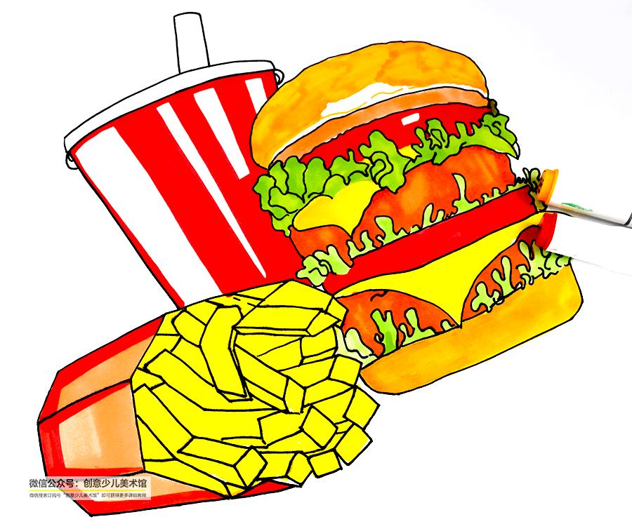 儿童画美食涂颜色教程,画汉堡怎么画简单又好看