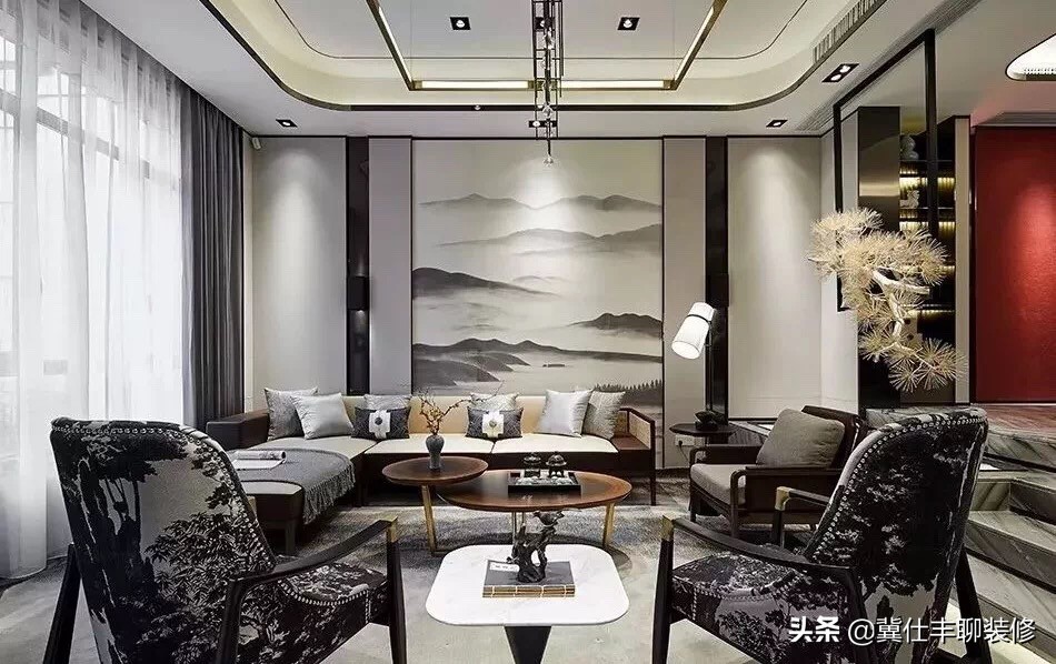 新中式沙发背景墙壁画图片大全,新中式沙发背景墙壁布简约效果图