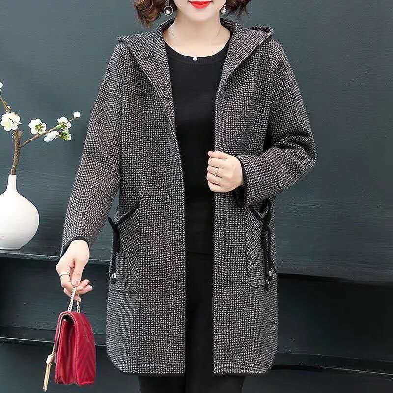2020羊毛针织韩版大衣，系带洋气外套千鸟格，大码中老年大衣