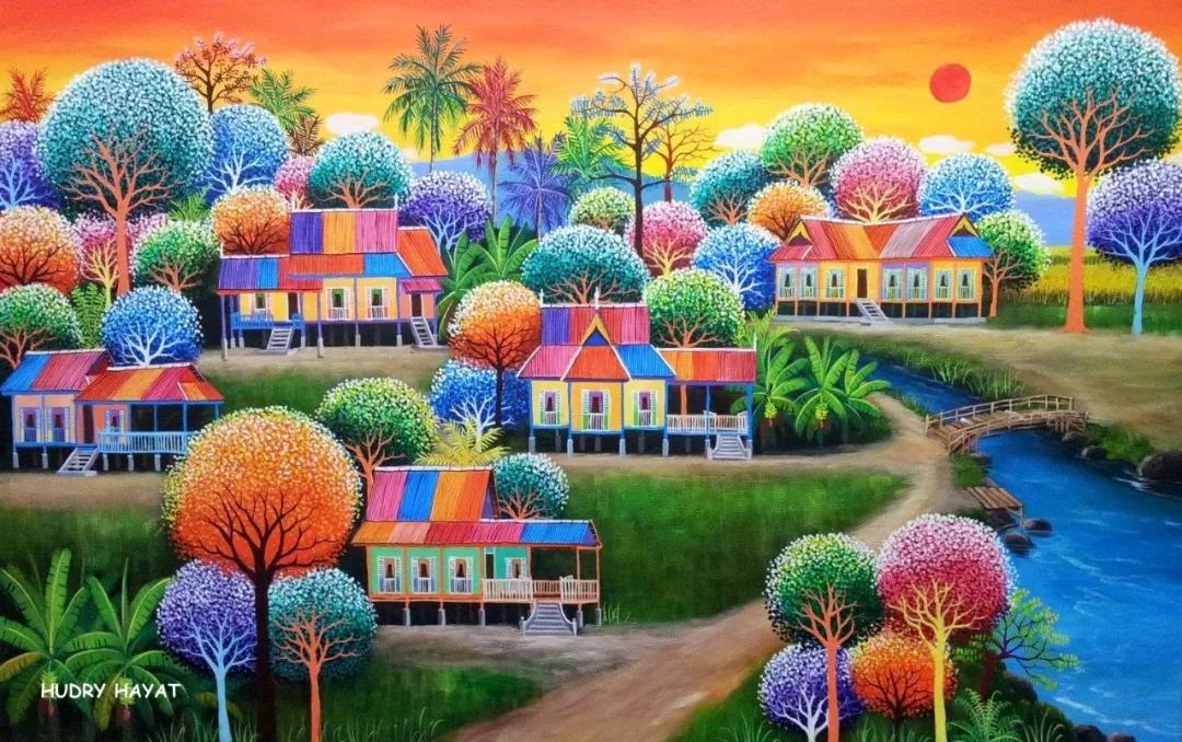 水粉点画法风景图片,水粉点画法风景