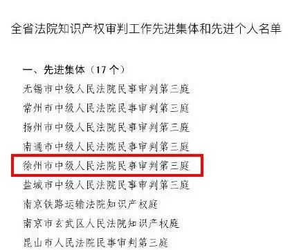 徐州中院知识产权审判工作受省高院表彰