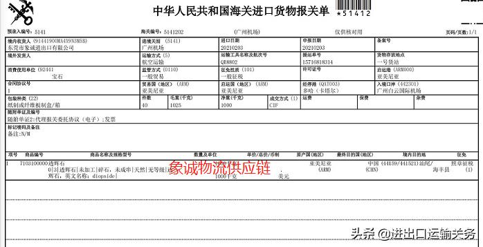亚美尼亚半宝石(透辉石)广州机场进口清关操作案例分享