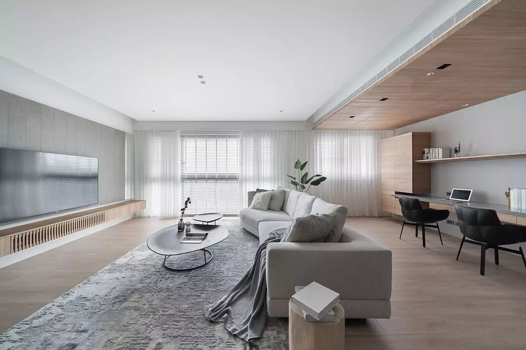 现代简约风电视背景墙装修风格,原木色电视背景墙效果图简约