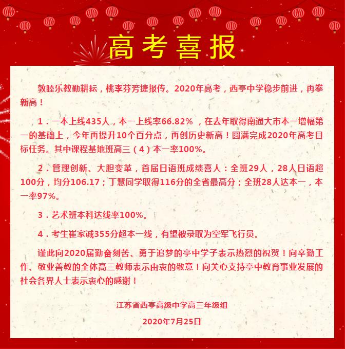 南通西亭高级中学2020一本升学率,南通三中中考喜报2020