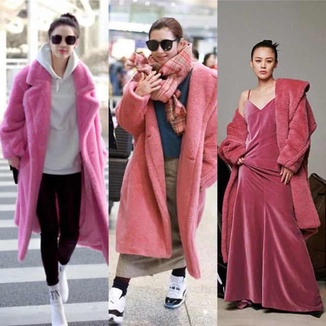 迪丽热巴同款泰迪熊粉色大衣 (明星红色泰迪熊大衣潮酷个性搭配)