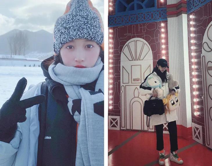 关晓彤同款only紫色小熊羽绒服,only关晓彤同款针织连衣裙