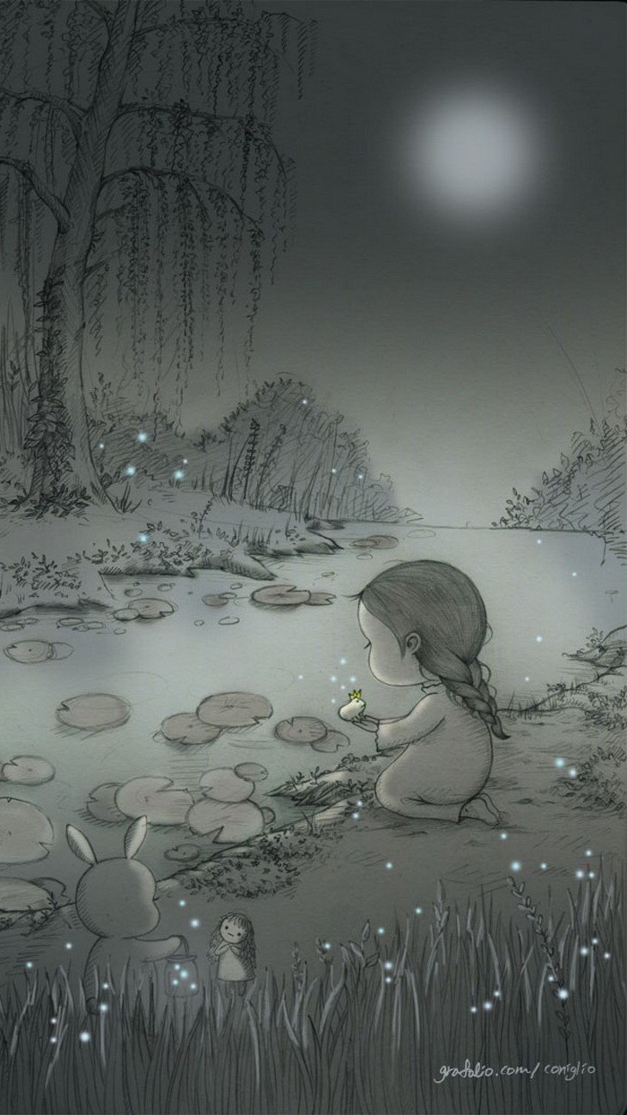 少女与兔子插画,兔子手绘创意插画