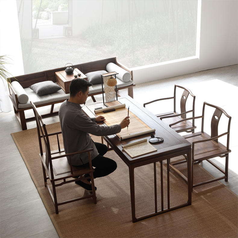 日式茶室书桌禅意设计,原木茶台书桌一体禅意