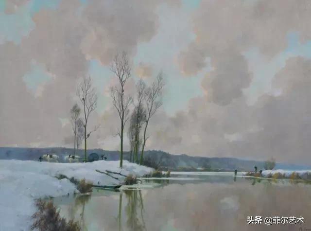 极简油画金色麦田和山,以红蓝为基调的风景油画