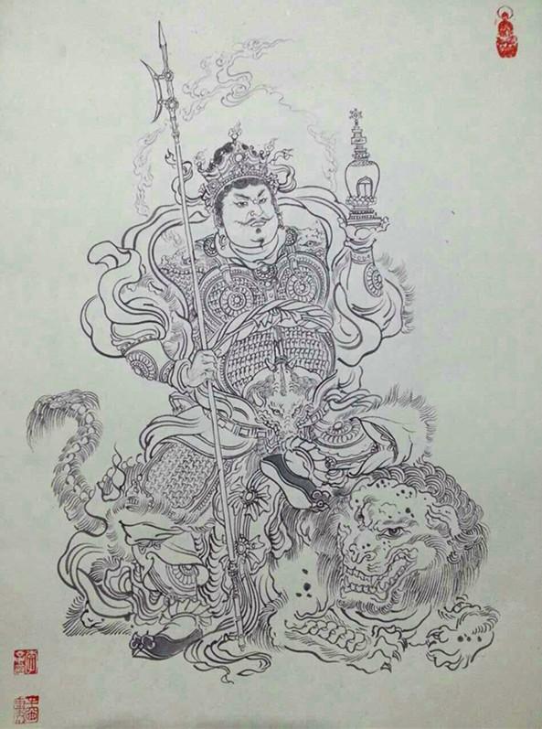 李云中四大天王白描高清图片,唐代佛造像素描